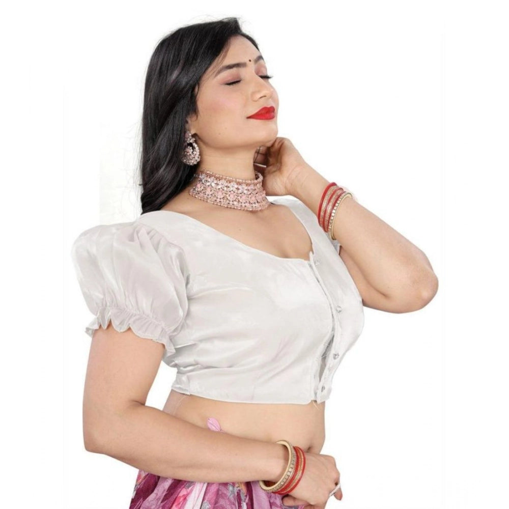 Generic Women's Jimmy Solid Designer Neck Elastic Sleeve Readymade Blouse (White 38 , Alterable up to 42)-PID65836