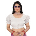 Generic Women's Jimmy Solid Designer Neck Elastic Sleeve Readymade Blouse (White 38 , Alterable up to 42)-PID65836