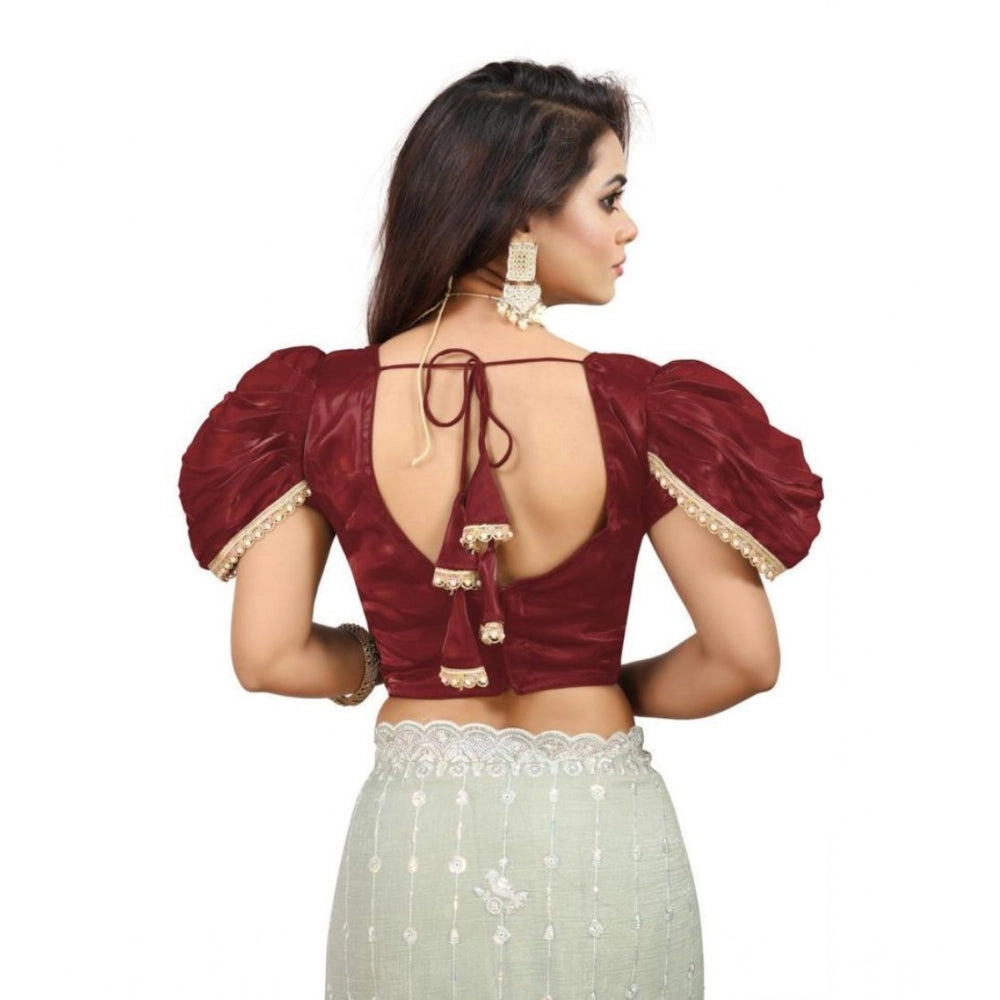 Generic Women's Jimmy Solid V Neck Puff Sleeve Readymade Blouse (Maroon 38 , Alterable up to 42)-PID65840