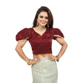 Generic Women's Jimmy Solid V Neck Puff Sleeve Readymade Blouse (Maroon 38 , Alterable up to 42)-PID65840