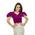 Generic Women's Jimmy Solid V Neck Puff Sleeve Readymade Blouse (Purple 38 , Alterable up to 42)-PID65843