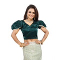 Generic Women's Jimmy Solid V Neck Puff Sleeve Readymade Blouse (Teal 38 , Alterable up to 42)-PID65845