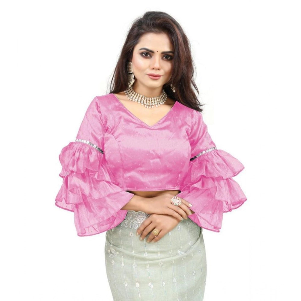 Generic Women's Organza Solid V Neck Layered Ruffle Sleeve Readymade Blouse (Light_Pink Free Size , up to 38–40 Bust)-PID65846