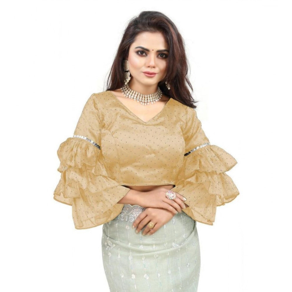 Generic Women's Organza Solid V Neck Layered Ruffle Sleeve Readymade Blouse (Beige Free Size , up to 38–40 Bust)-PID65847