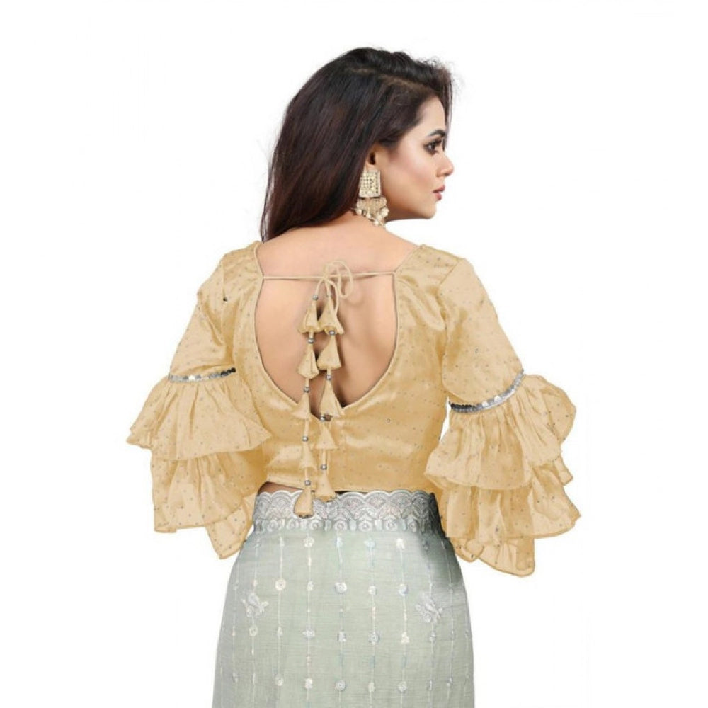 Generic Women's Organza Solid V Neck Layered Ruffle Sleeve Readymade Blouse (Beige Free Size , up to 38–40 Bust)-PID65847