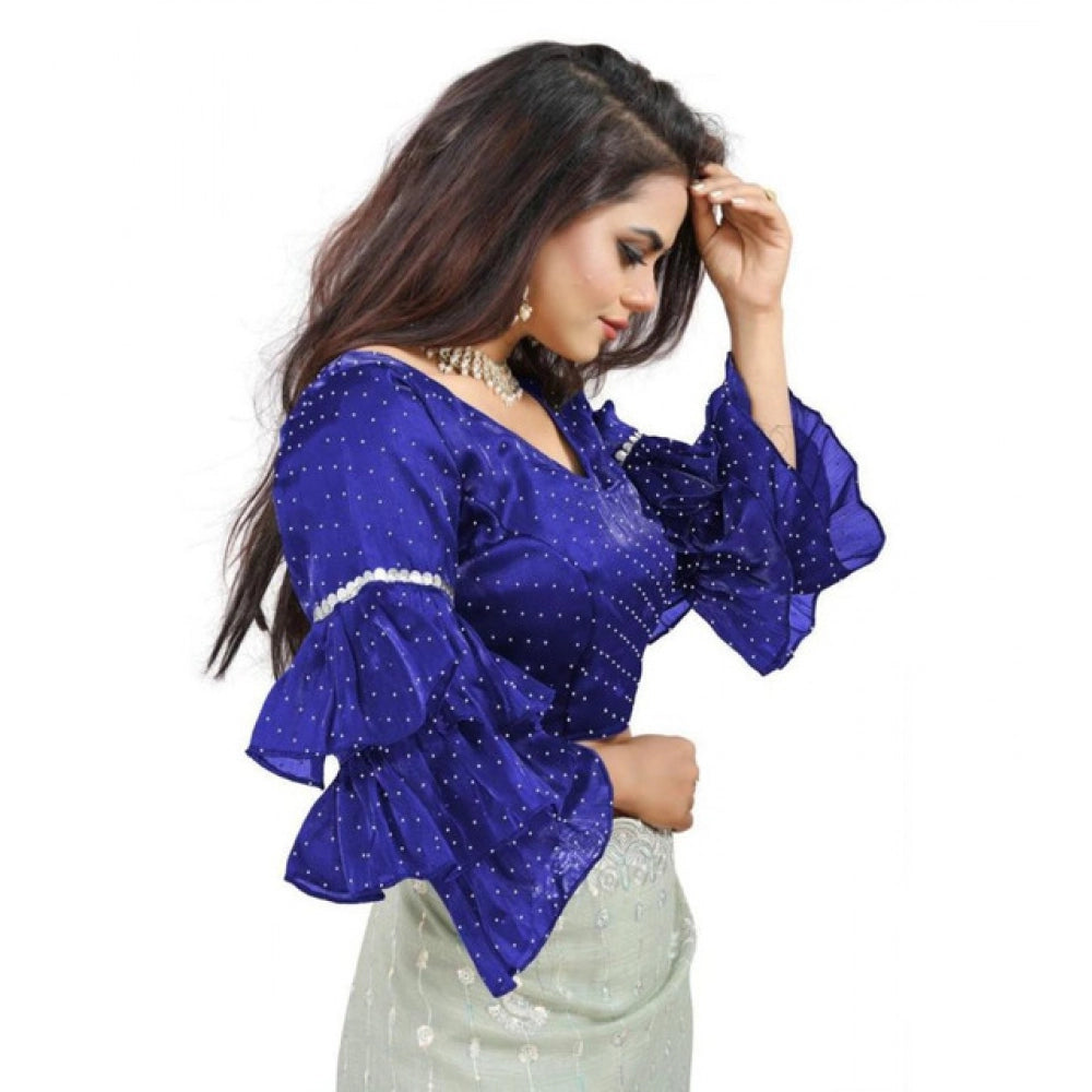 Generic Women's Organza Solid V Neck Layered Ruffle Sleeve Readymade Blouse (Blue Free Size , up to 38–40 Bust)-PID65849