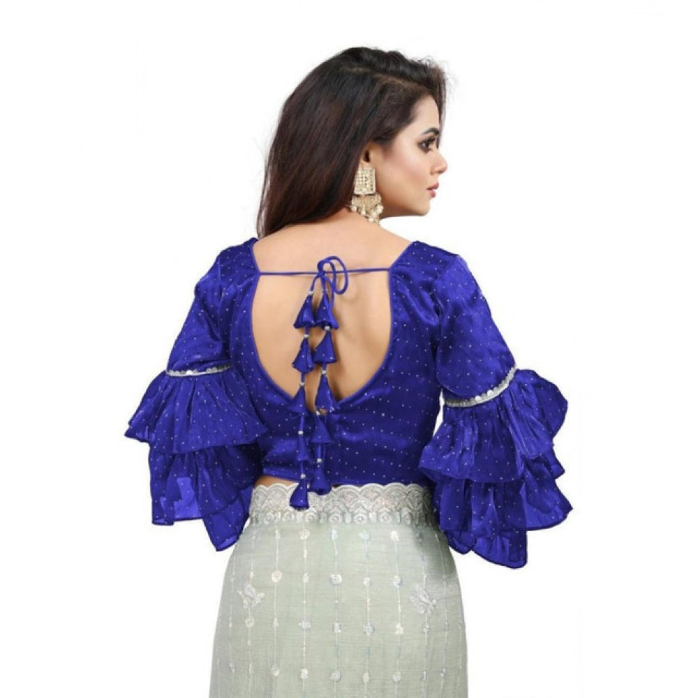 Generic Women's Organza Solid V Neck Layered Ruffle Sleeve Readymade Blouse (Blue Free Size , up to 38–40 Bust)-PID65849