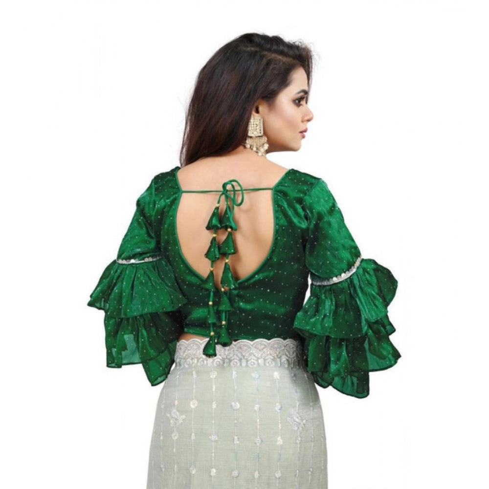 Generic Women's Organza Solid V Neck Layered Ruffle Sleeve Readymade Blouse (Green Free Size , up to 38–40 Bust)-PID65850
