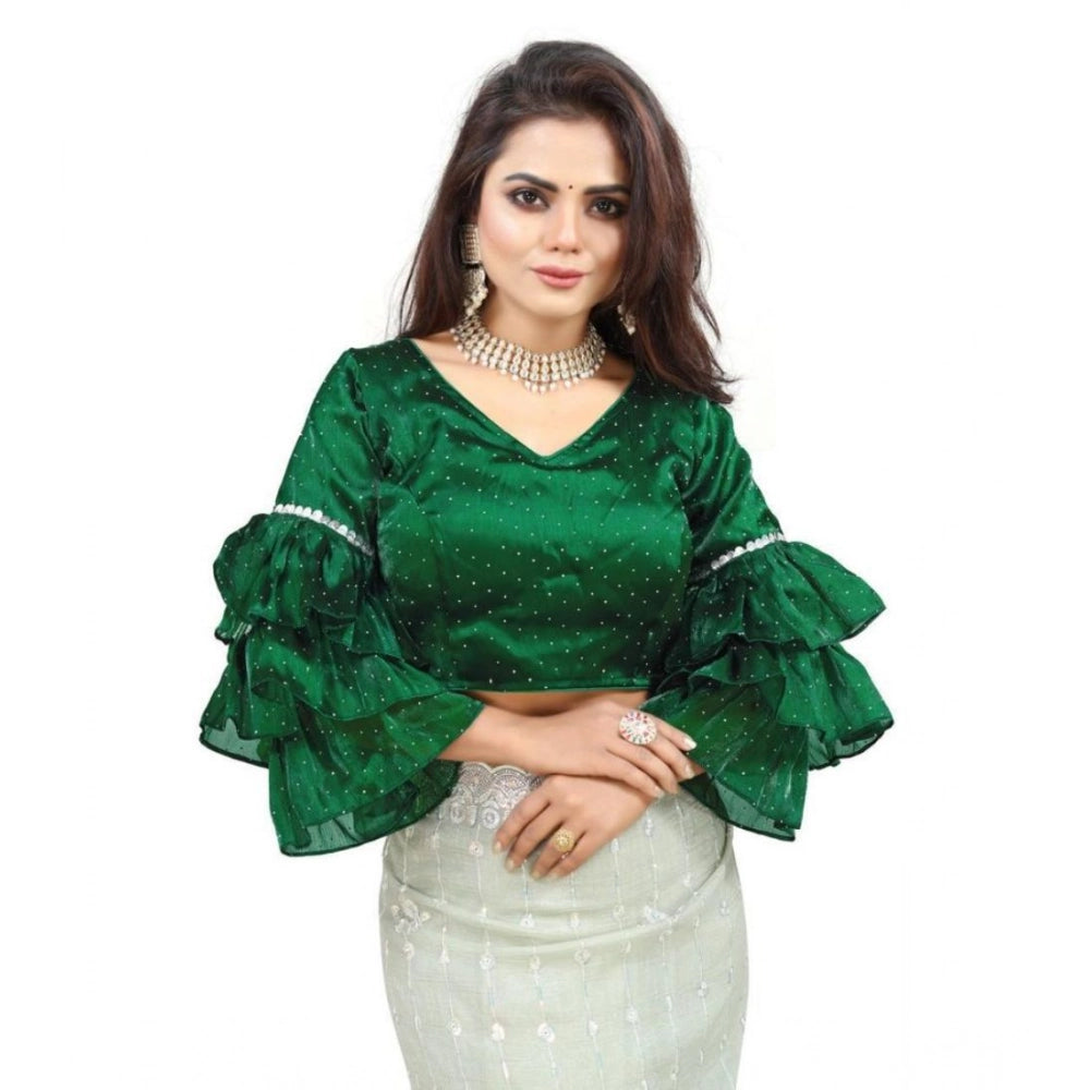 Generic Women's Organza Solid V Neck Layered Ruffle Sleeve Readymade Blouse (Green Free Size , up to 38–40 Bust)-PID65850