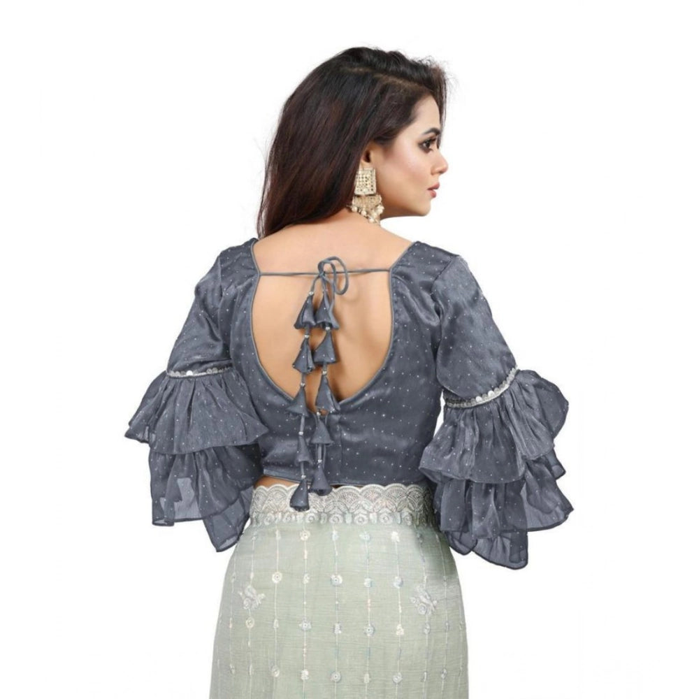 Generic Women's Organza Solid V Neck Layered Ruffle Sleeve Readymade Blouse (Grey Free Size , up to 38–40 Bust)-PID65851