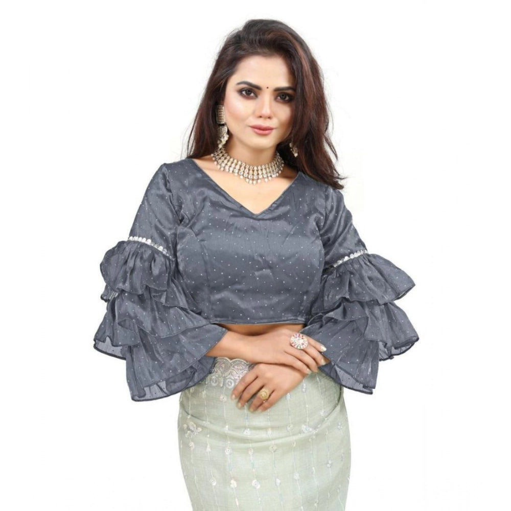 Generic Women's Organza Solid V Neck Layered Ruffle Sleeve Readymade Blouse (Grey Free Size , up to 38–40 Bust)-PID65851