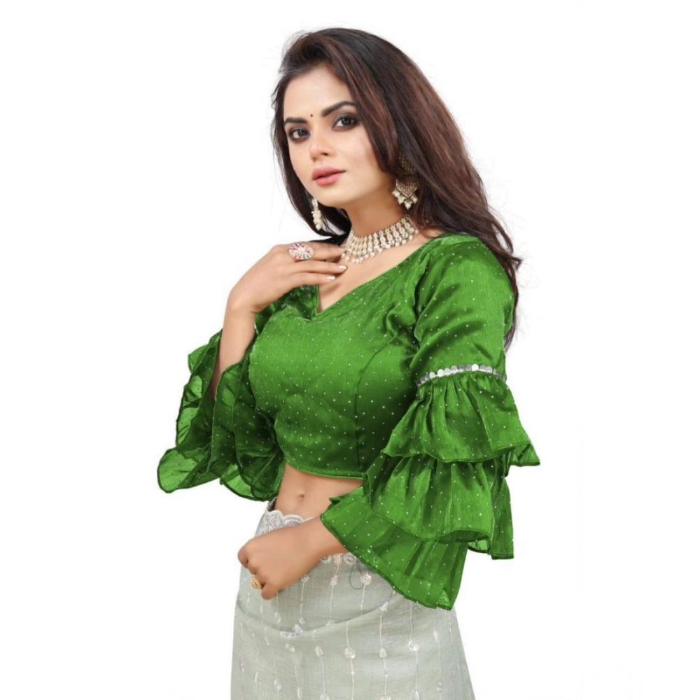 Generic Women's Organza Solid V Neck Layered Ruffle Sleeve Readymade Blouse (Light Green Free Size , up to 38–40 Bust)-PID65852