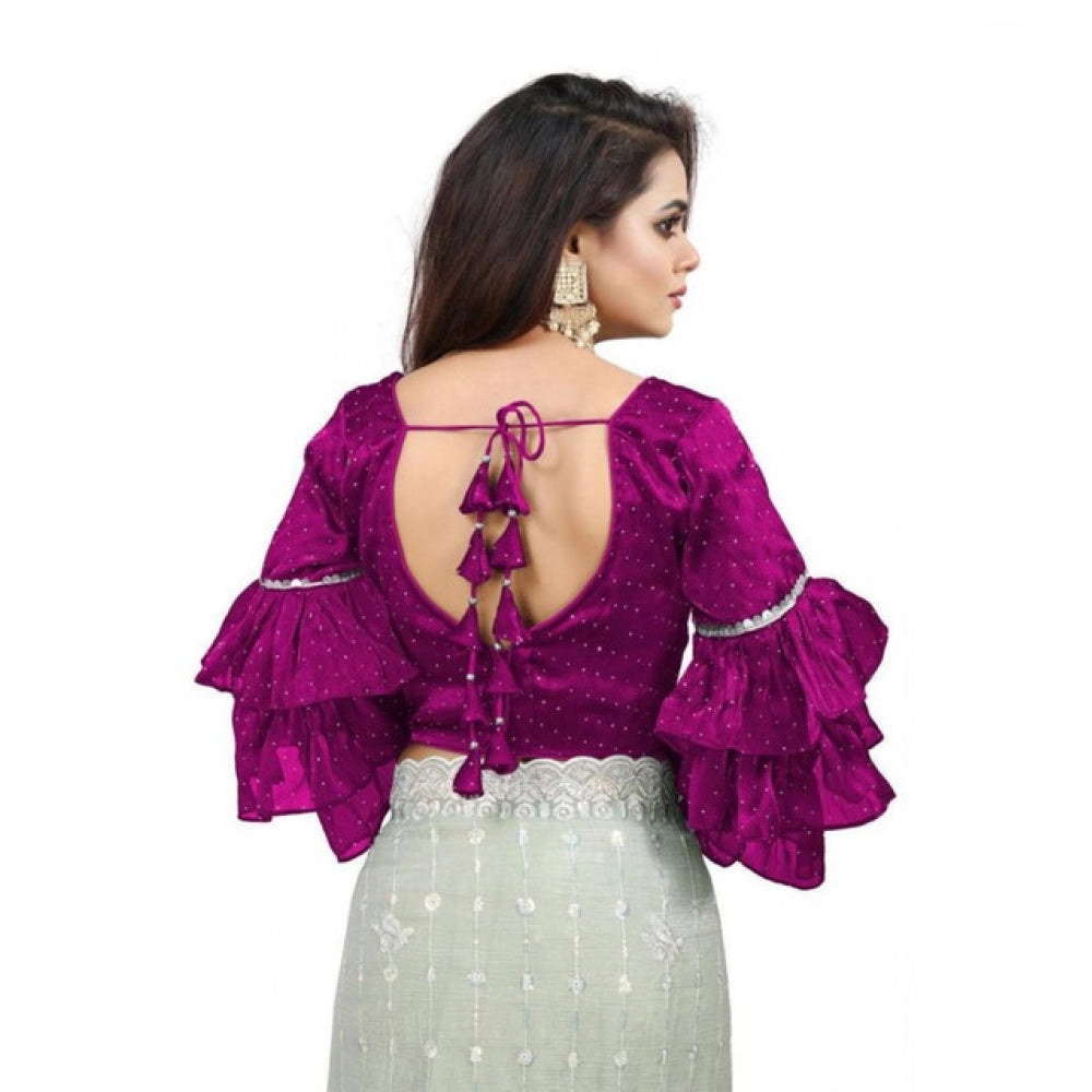 Generic Women's Organza Solid V Neck Layered Ruffle Sleeve Readymade Blouse (Magenta Free Size , up to 38–40 Bust)-PID65853