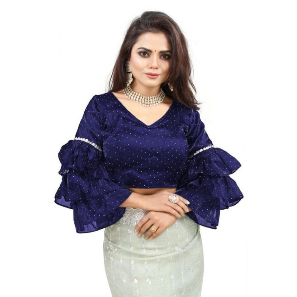 Generic Women's Organza Solid V Neck Layered Ruffle Sleeve Readymade Blouse (Navy Free Size , up to 38–40 Bust)-PID65855