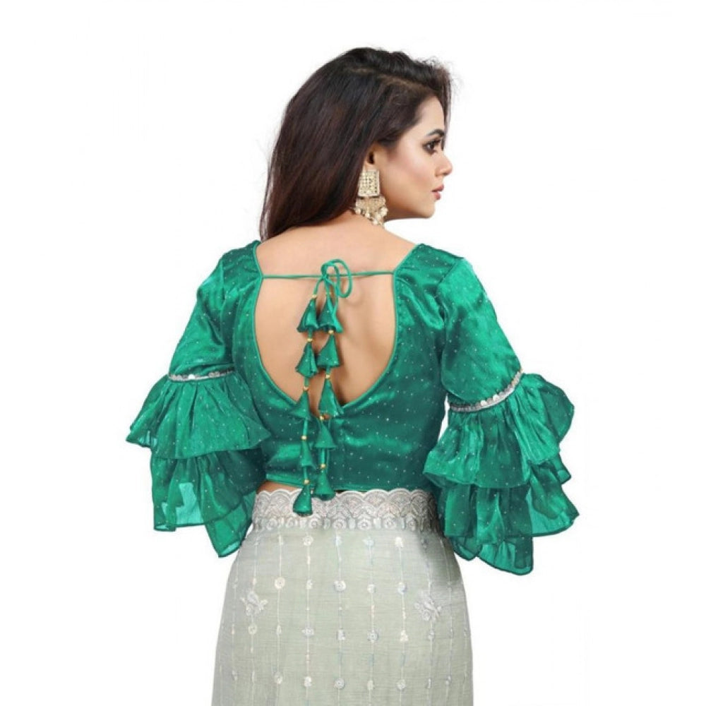Generic Women's Organza Solid V Neck Layered Ruffle Sleeve Readymade Blouse (Rama Free Size , up to 38–40 Bust)-PID65857