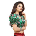 Generic Women's Organza Printed V Neck Puff Sleeve Readymade Blouse (Green 38 , Alterable up to 42)-PID65863