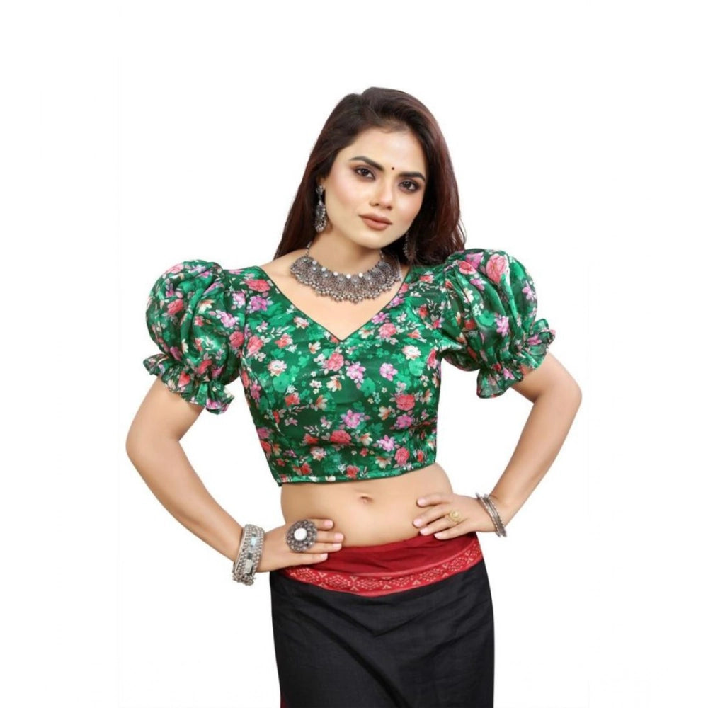 Generic Women's Organza Printed V Neck Puff Sleeve Readymade Blouse (Green 38 , Alterable up to 42)-PID65863