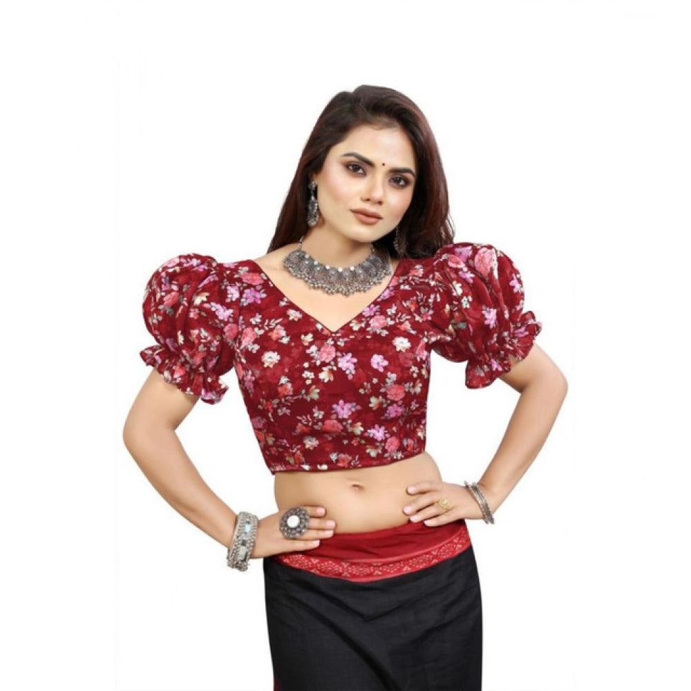 Generic Women's Organza Printed V Neck Puff Sleeve Readymade Blouse (Maroon 38 , Alterable up to 42)-PID65866