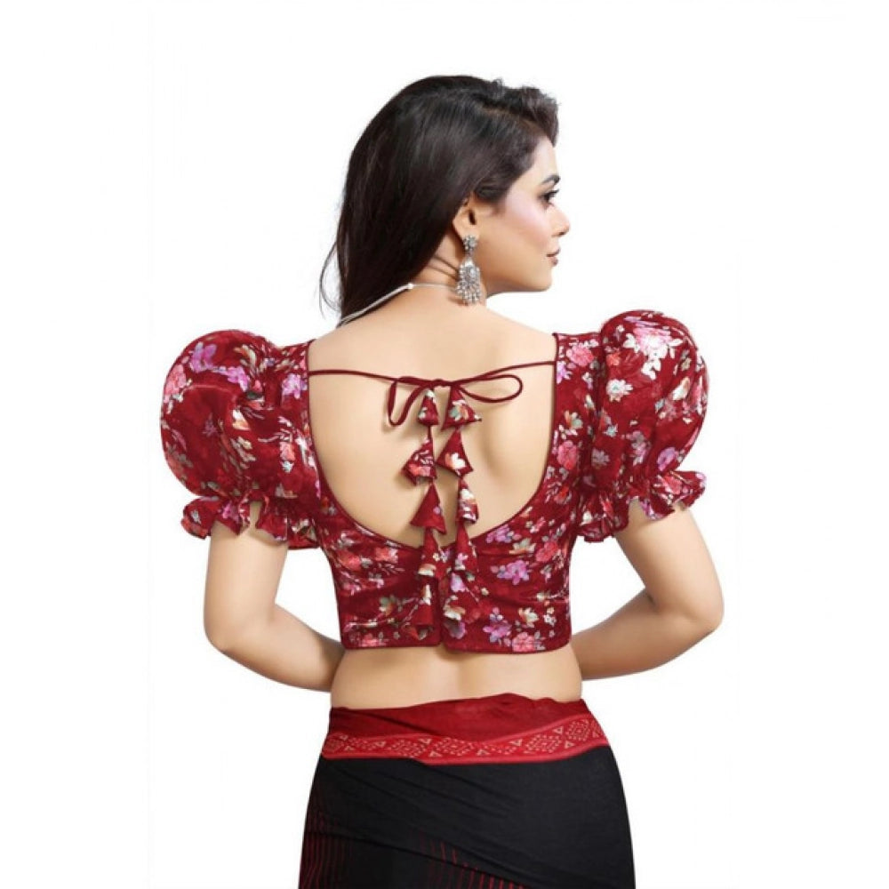 Generic Women's Organza Printed V Neck Puff Sleeve Readymade Blouse (Maroon 38 , Alterable up to 42)-PID65866