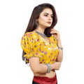 Generic Women's Organza Printed V Neck Puff Sleeve Readymade Blouse (Mustard 38 , Alterable up to 42)-PID65867