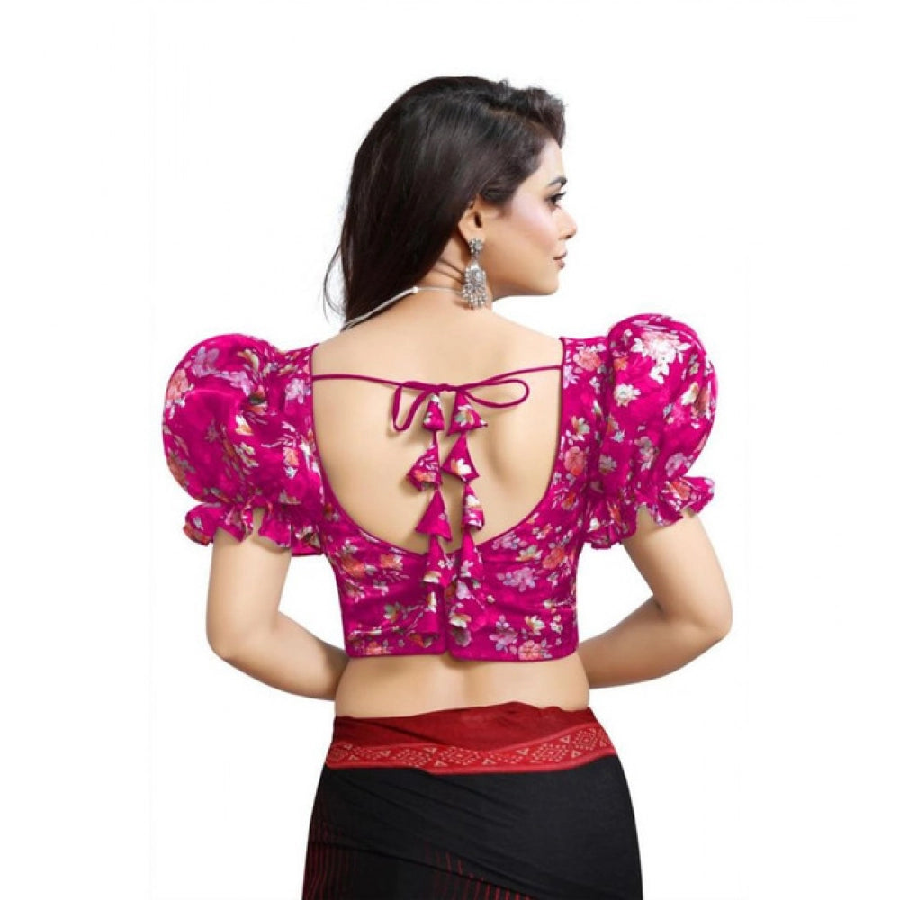 Generic Women's Organza Printed V Neck Puff Sleeve Readymade Blouse (Pink 38 , Alterable up to 42)-PID65869