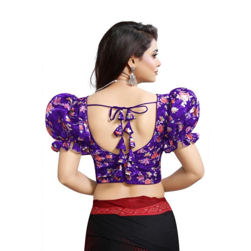 Generic Women's Organza Printed V Neck Puff Sleeve Readymade Blouse (Purple 38 , Alterable up to 42)-PID65870