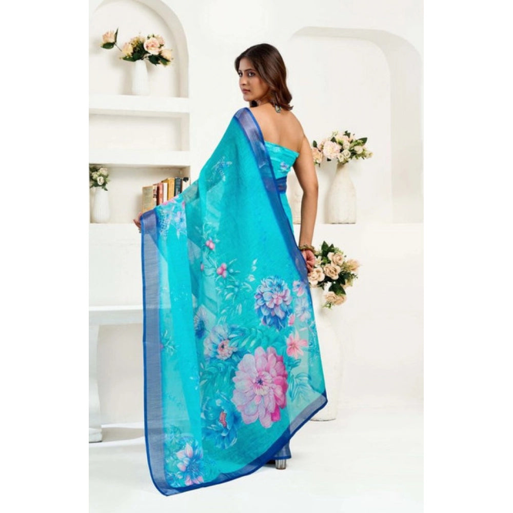 Generic Women's Faux Linen Floral Print Ready to wear Saree With Unstitched Blouse 5.5Mtr (Light_AquaBlue)
