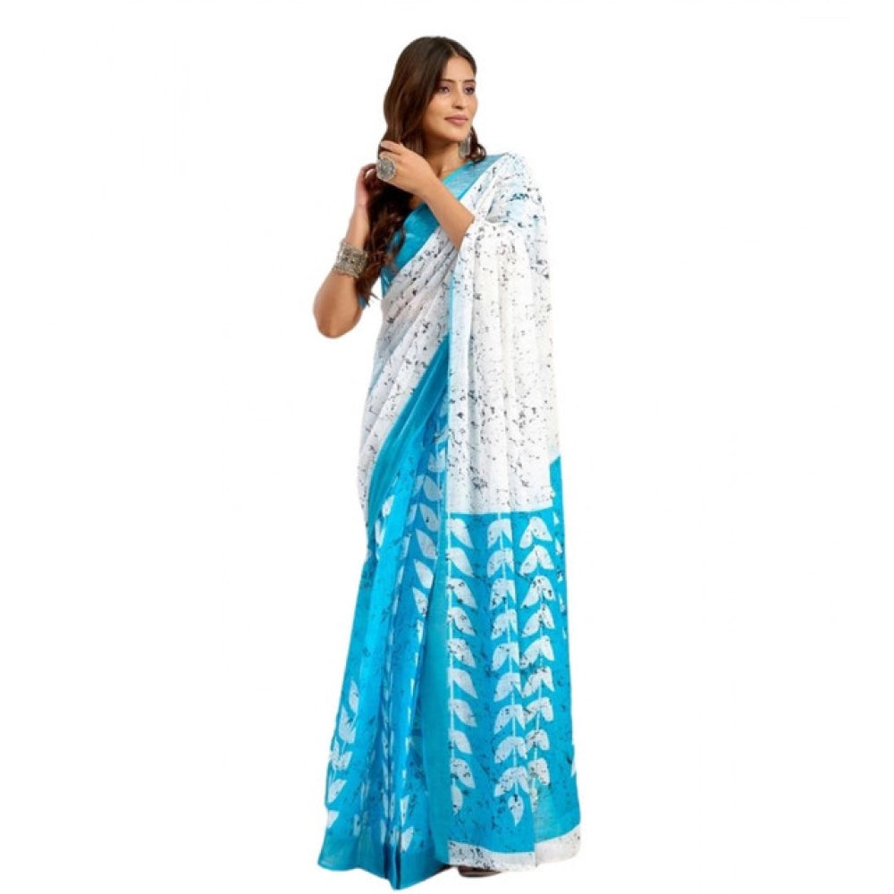 Generic Women's Faux Linen Leaf Print Ready to wear Saree With Unstitched Blouse 5.5Mtr (SkyBlue &amp; White)