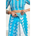 Generic Women's Faux Linen Leaf Print Ready to wear Saree With Unstitched Blouse 5.5Mtr (SkyBlue &amp; White)