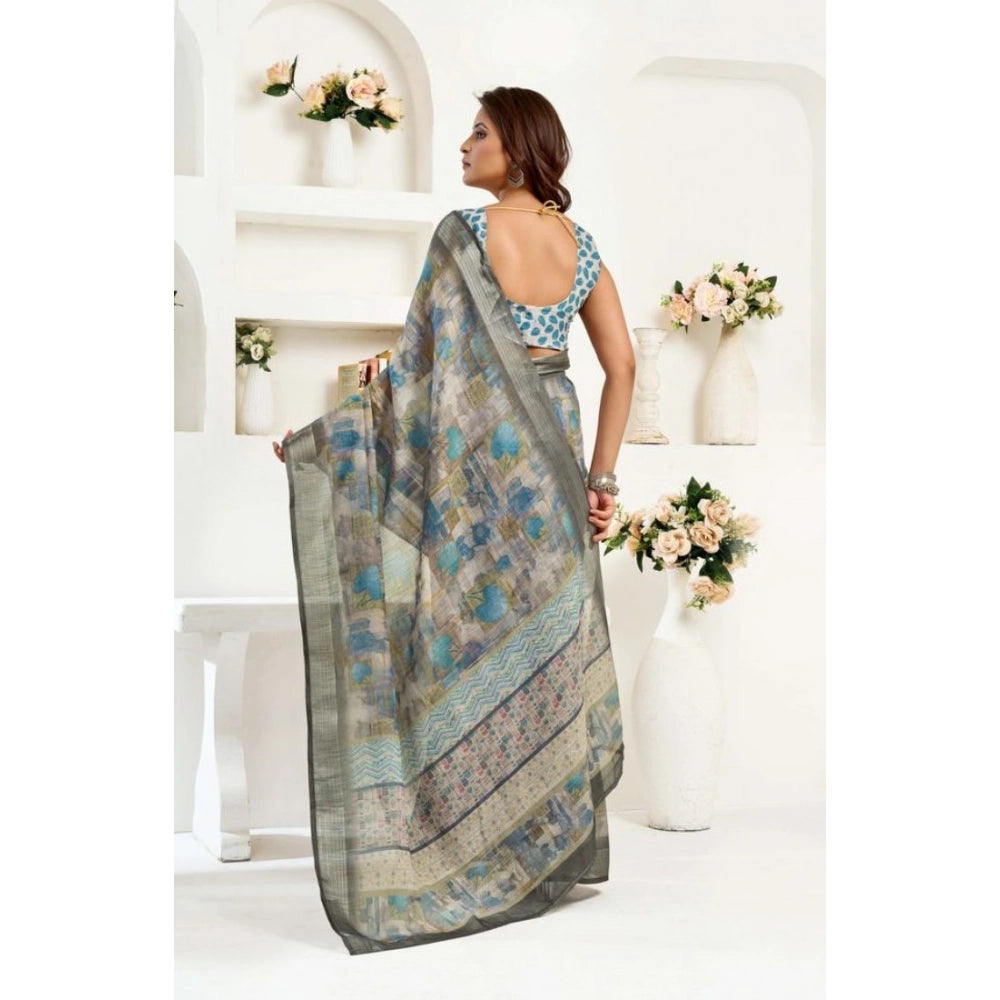 Generic Women's Faux Linen Abstract Print Ready to wear Saree With Unstitched Blouse 5.5Mtr (Grey)