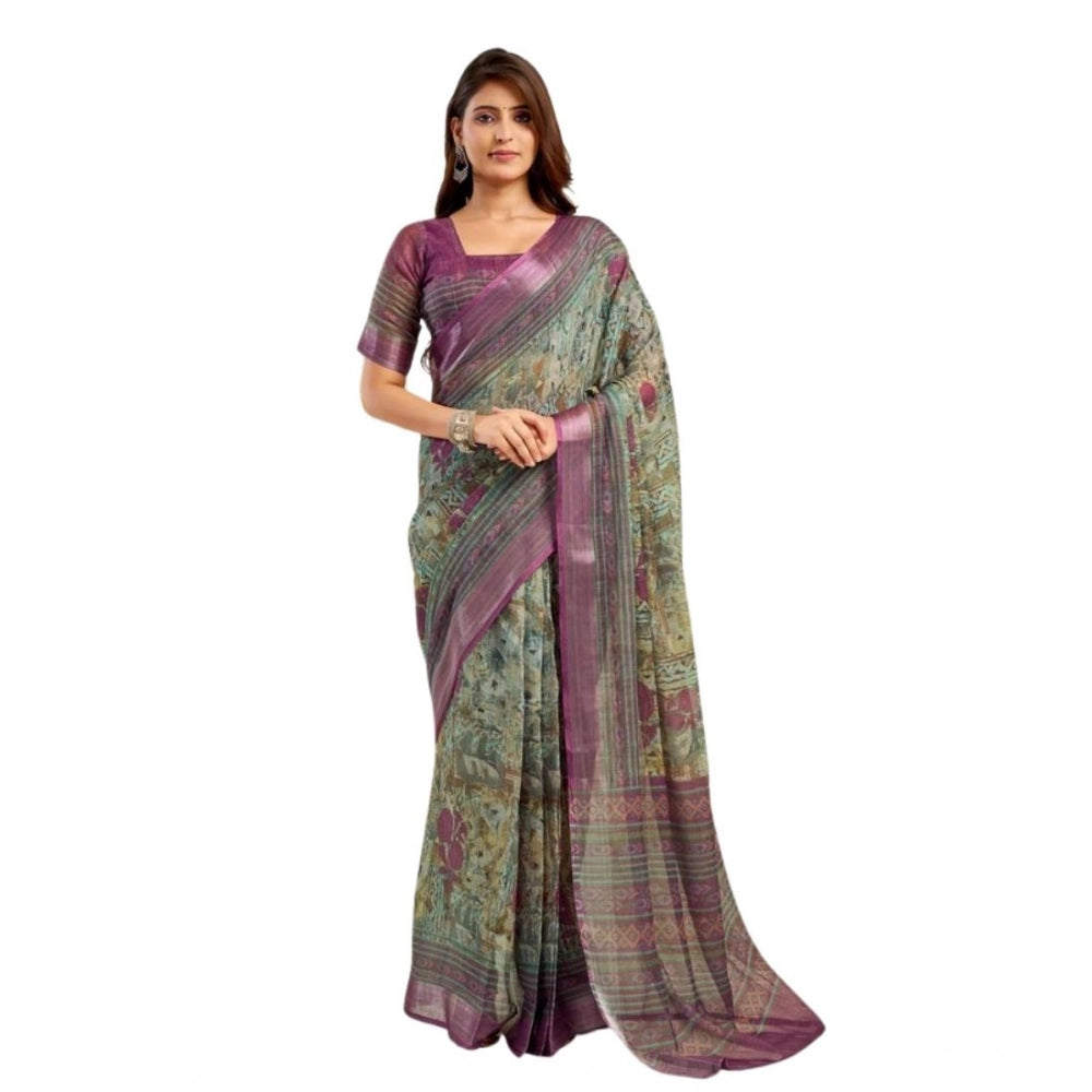 Generic Women's Faux Linen Printed Ready to wear Saree With Unstitched Blouse 5.5Mtr (Multicolor)
