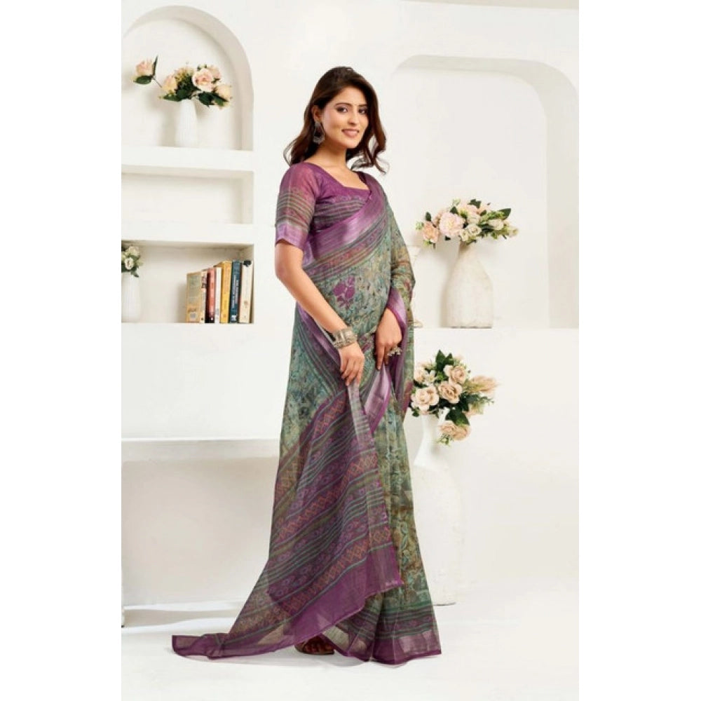 Generic Women's Faux Linen Printed Ready to wear Saree With Unstitched Blouse 5.5Mtr (Multicolor)