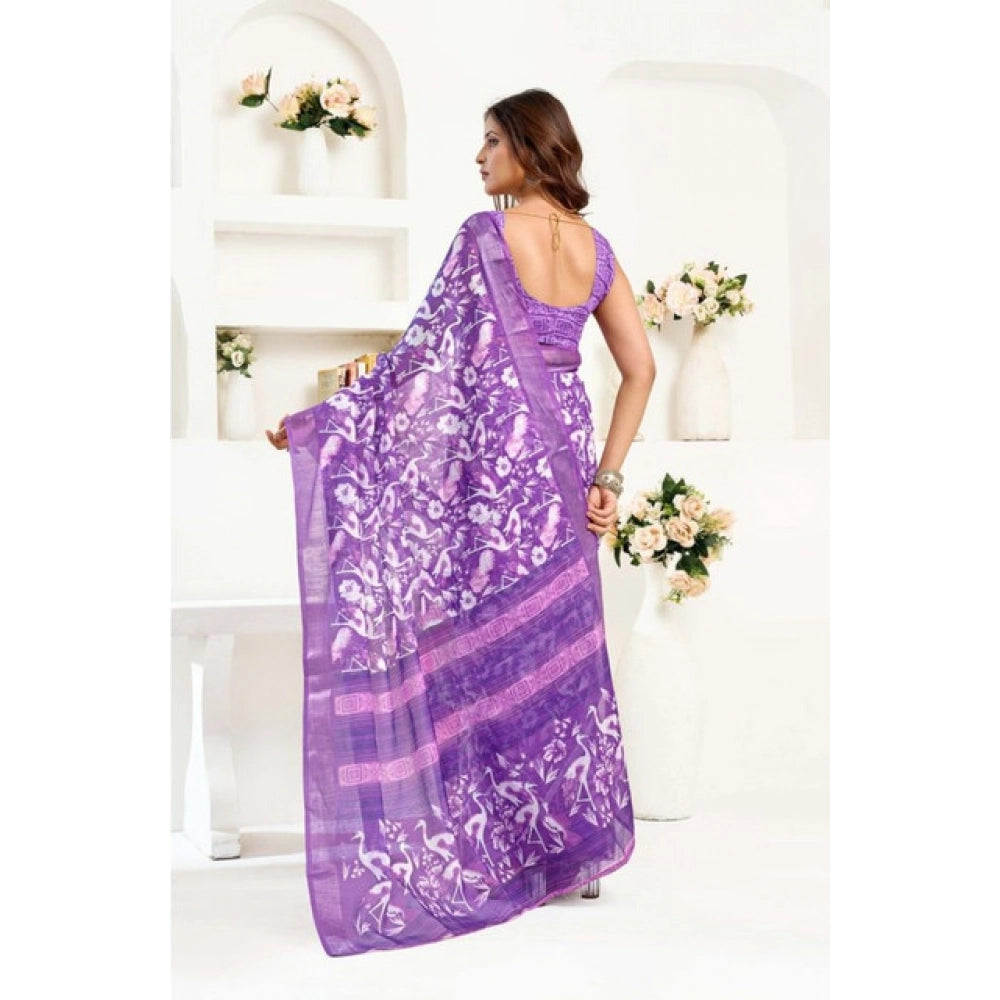 Generic Women's Faux Linen Floral Print Ready to wear Saree With Unstitched Blouse 5.5Mtr (Purple)