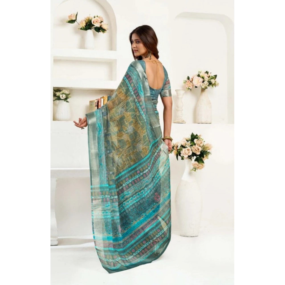 Generic Women's Faux Linen Printed Ready to wear Saree With Unstitched Blouse 5.5Mtr (Multicolor)