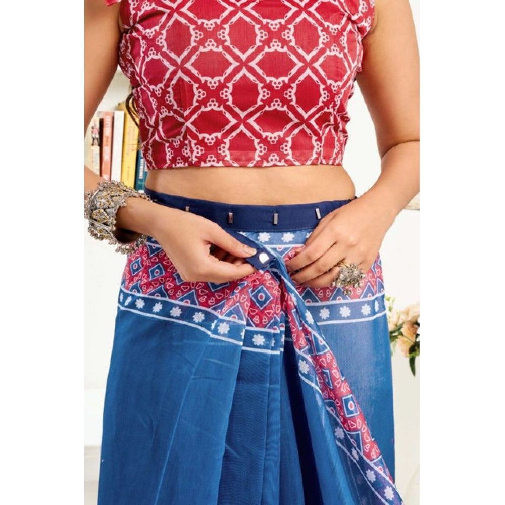 Generic Women's Faux Linen Floral Print Ready to wear Saree With Unstitched Blouse 5.5Mtr (Blue)