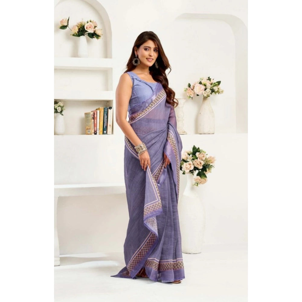 Generic Women's Faux Linen Printed Ready to wear Saree With Unstitched Blouse 5.5Mtr (Light_Lavender)