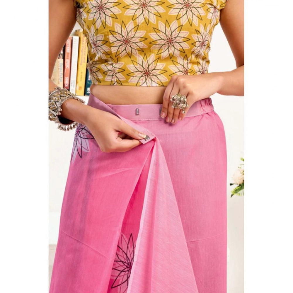 Generic Women's Faux Linen Floral Print Ready to wear Saree With Unstitched Blouse 5.5Mtr (Pink)