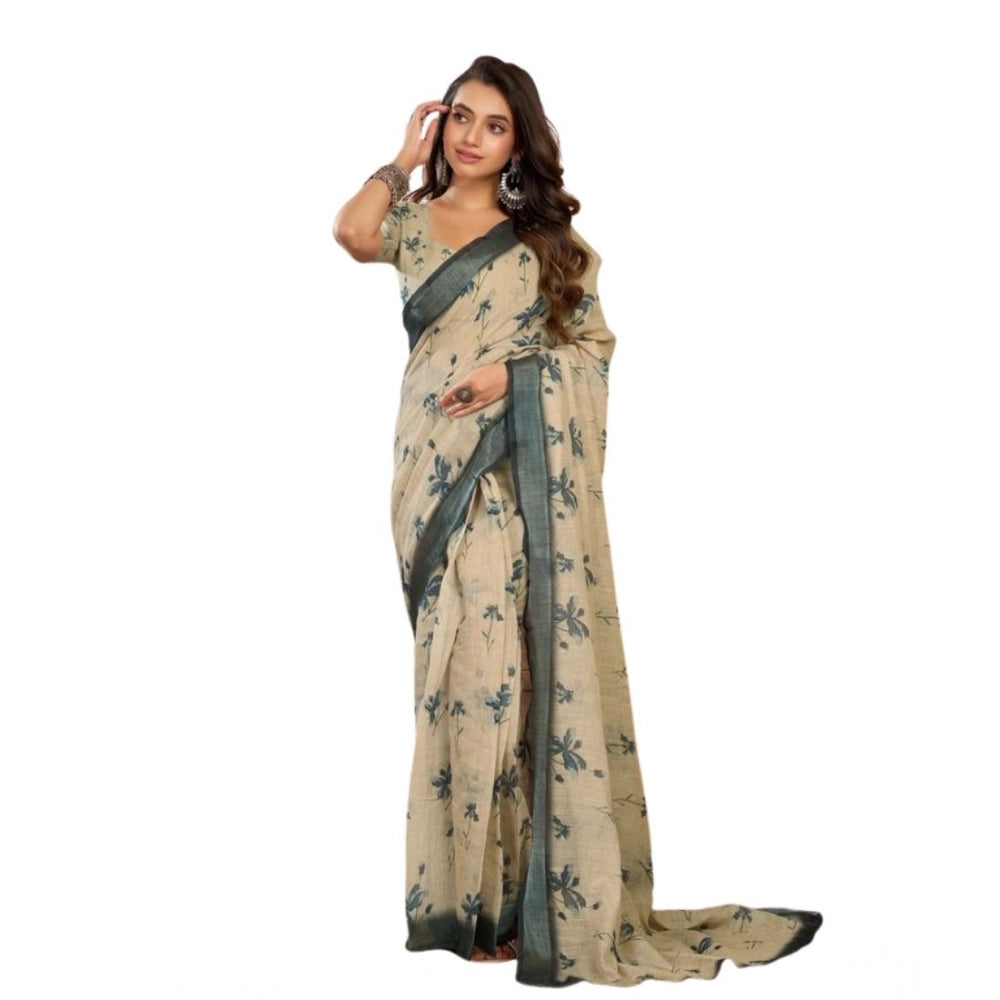 Generic Women's Faux Linen Floral Print Ready to wear Saree With Unstitched Blouse 5.5Mtr (LightBeige)