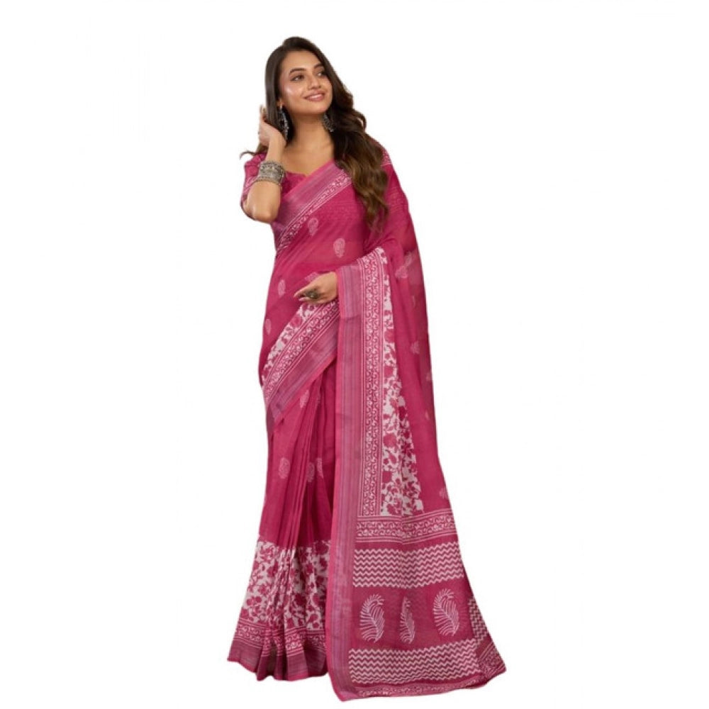 Generic Women's Faux Linen Floral Print Ready to wear Saree With Unstitched Blouse 5.5Mtr (Pink)