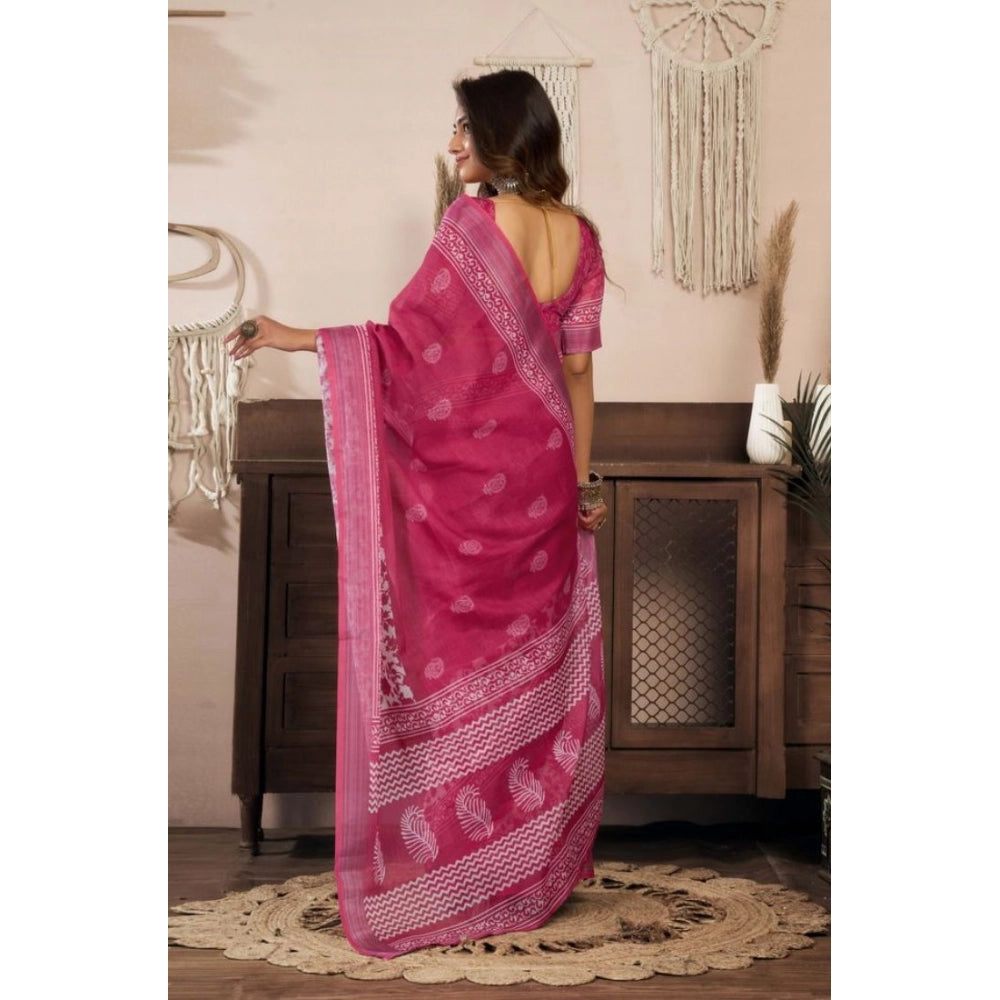 Generic Women's Faux Linen Floral Print Ready to wear Saree With Unstitched Blouse 5.5Mtr (Pink)