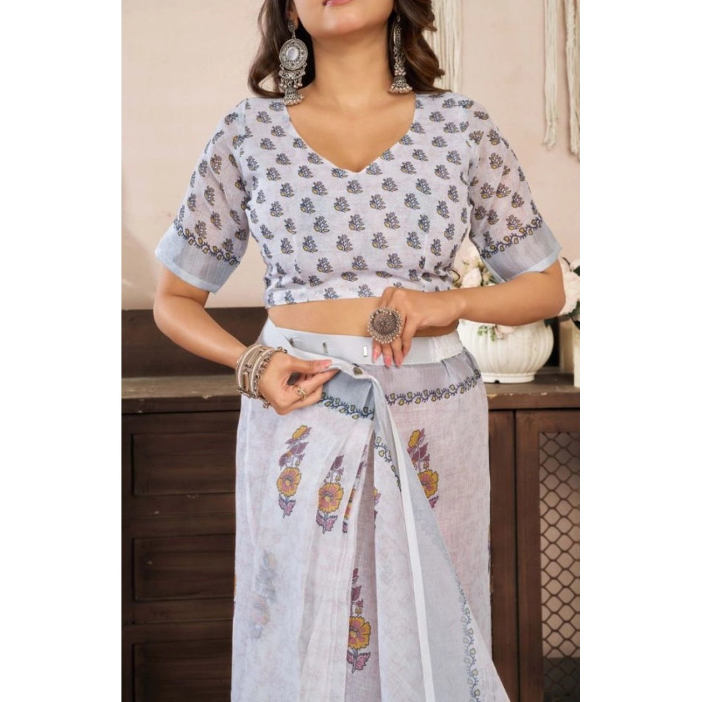 Generic Women's Faux Linen Floral Print Ready to wear Saree With Unstitched Blouse 5.5Mtr (Off_White)