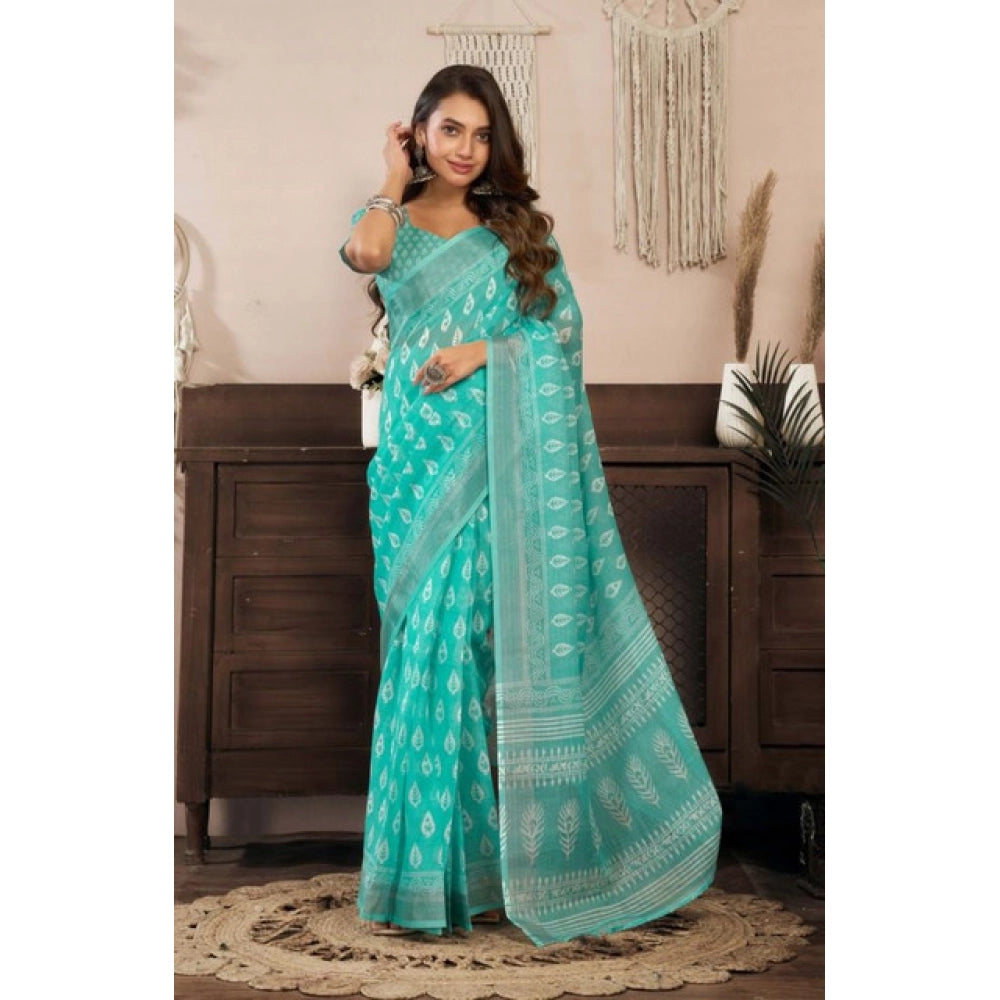 Generic Women's Faux Linen Leaf Print Ready to wear Saree With Unstitched Blouse 5.5Mtr (SeaGreen)