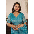 Generic Women's Faux Linen Floral Print Ready to wear Saree With Unstitched Blouse 5.5Mtr (AquaBlue)