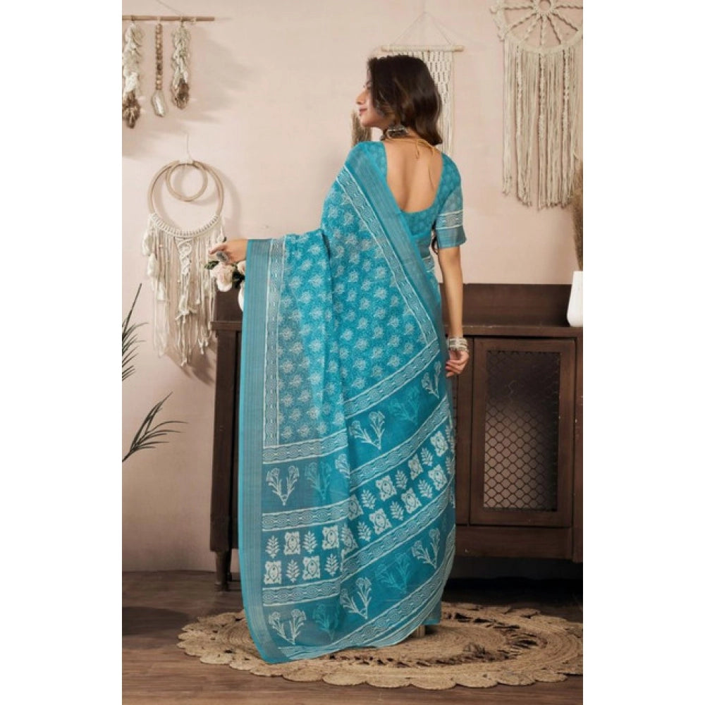 Generic Women's Faux Linen Floral Print Ready to wear Saree With Unstitched Blouse 5.5Mtr (AquaBlue)