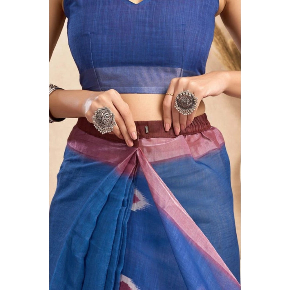Generic Women's Faux Linen Printed Ready to wear Saree With Unstitched Blouse 5.5Mtr (Blue)