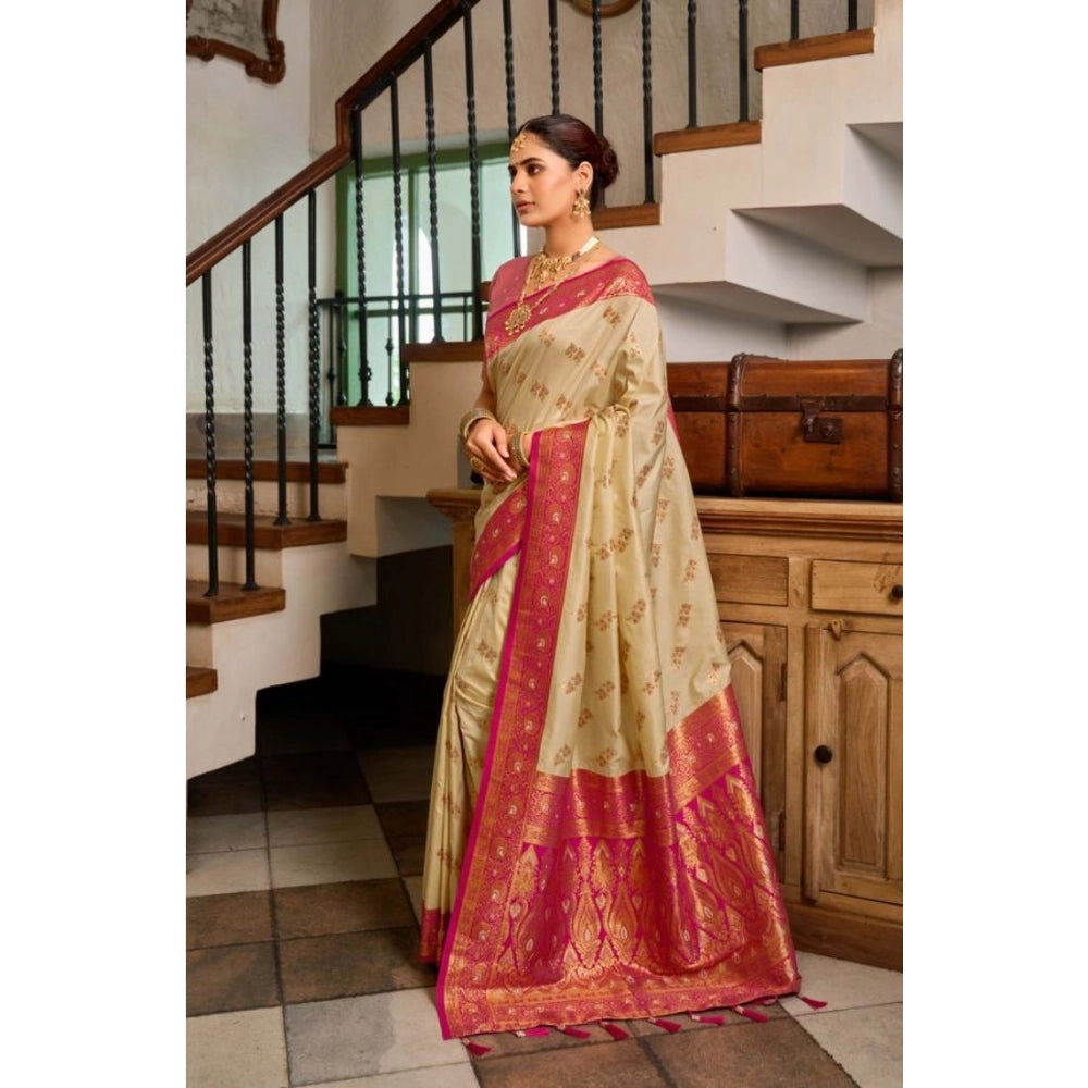 Generic Women's Silk Blend Booti Work Ready to wear Saree With Unstitched Blouse 5.5Mtr (LightBeige)