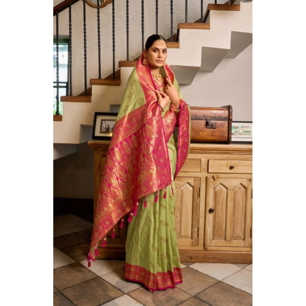 Generic Women's Silk Blend Booti Work Ready to wear Saree With Unstitched Blouse 5.5Mtr (Green)