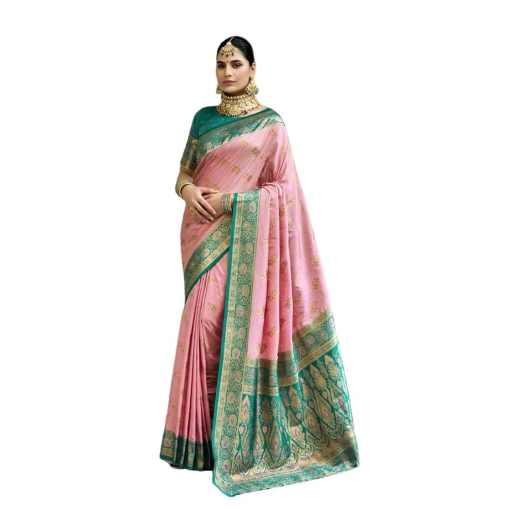 Generic Women's Silk Blend Booti Work Ready to wear Saree With Unstitched Blouse 5.5Mtr (Peach)