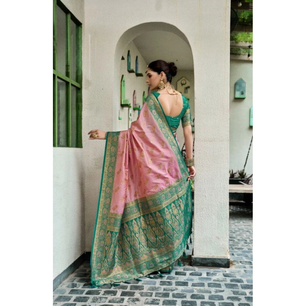 Generic Women's Silk Blend Booti Work Ready to wear Saree With Unstitched Blouse 5.5Mtr (Peach)
