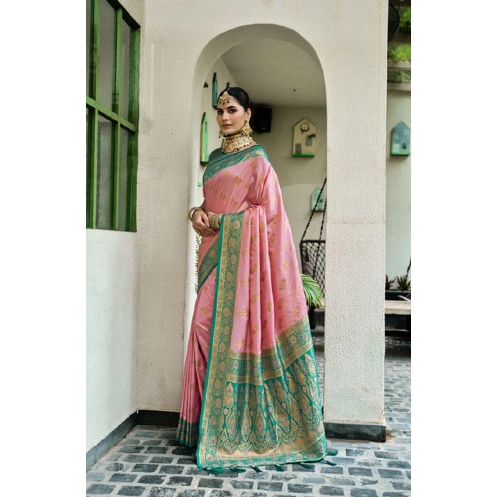 Generic Women's Silk Blend Booti Work Ready to wear Saree With Unstitched Blouse 5.5Mtr (Peach)